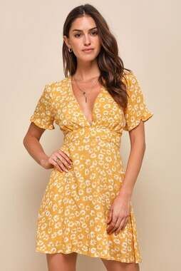 Lulus Yellow Floral Print Mini Dress Size M